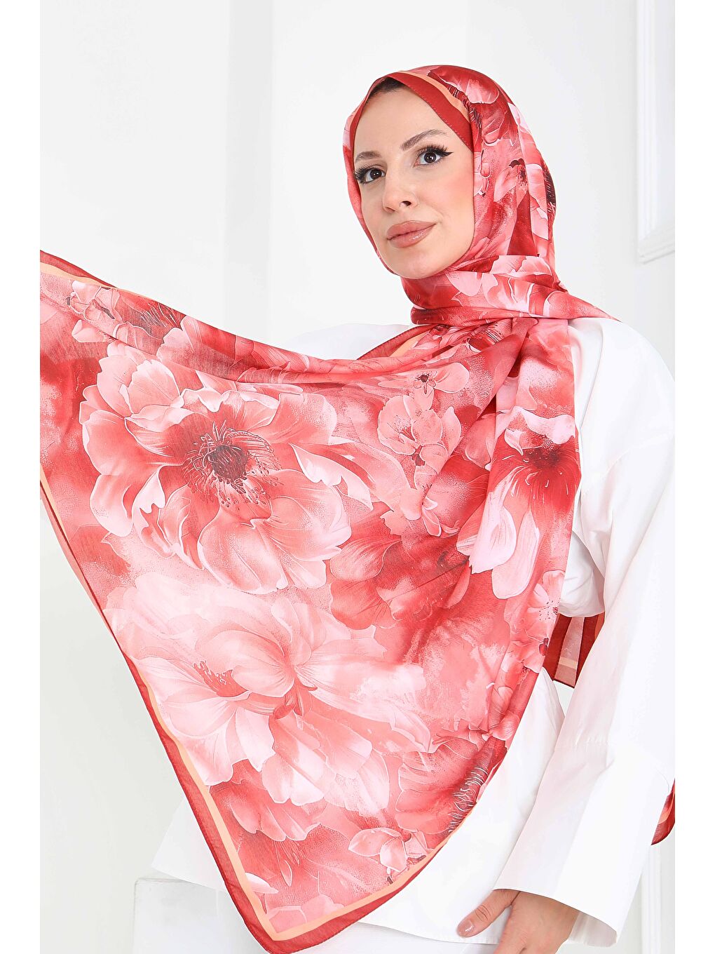 Floral Whisper Serisi Pamuk Şal Mercan - 27853-MERCAN-2