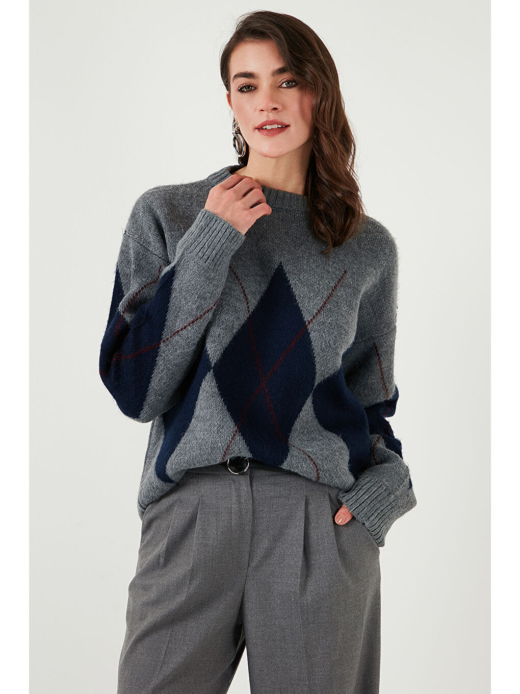 Gri Baklava Desenli Standart Fit Bisiklet Yaka Kazak 4615574-2