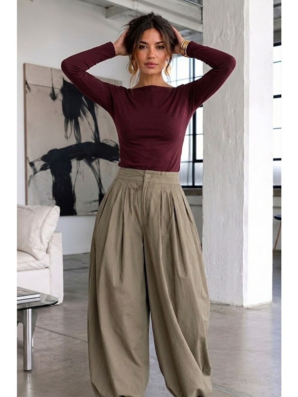 Kadın Gabardin Pamuklu Casual Bordo Bluz-3