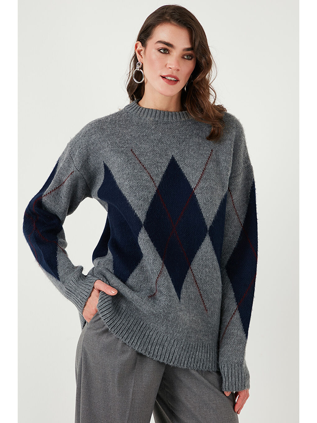 Gri Baklava Desenli Standart Fit Bisiklet Yaka Kazak 4615574-3