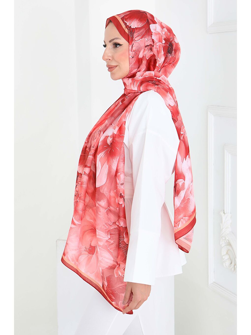 Floral Whisper Serisi Pamuk Şal Mercan - 27853-MERCAN-3