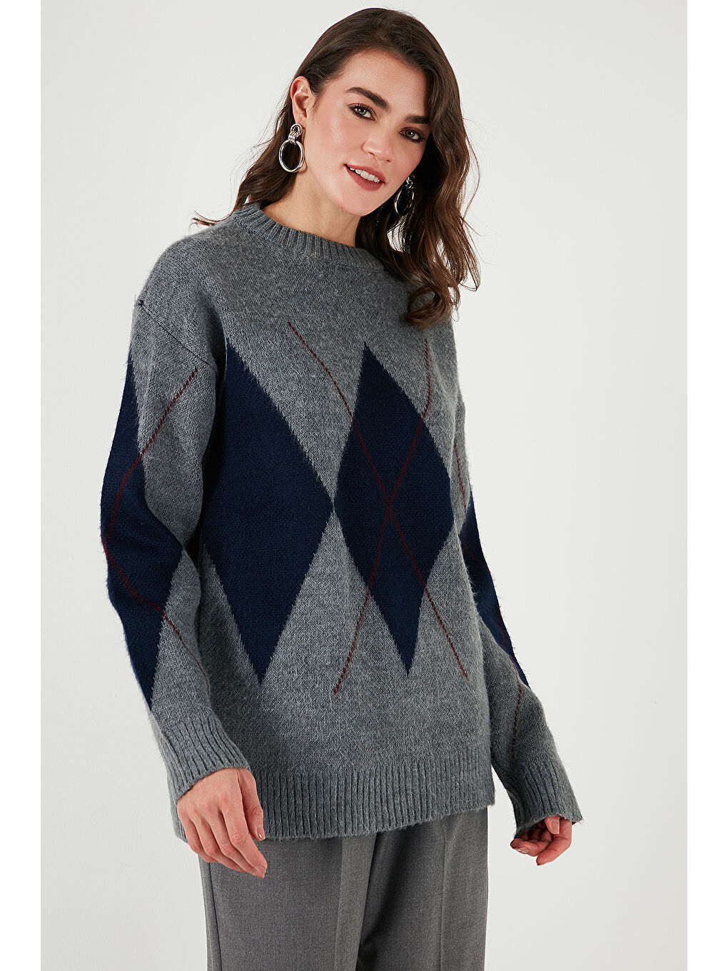 Gri Baklava Desenli Standart Fit Bisiklet Yaka Kazak 4615574-5