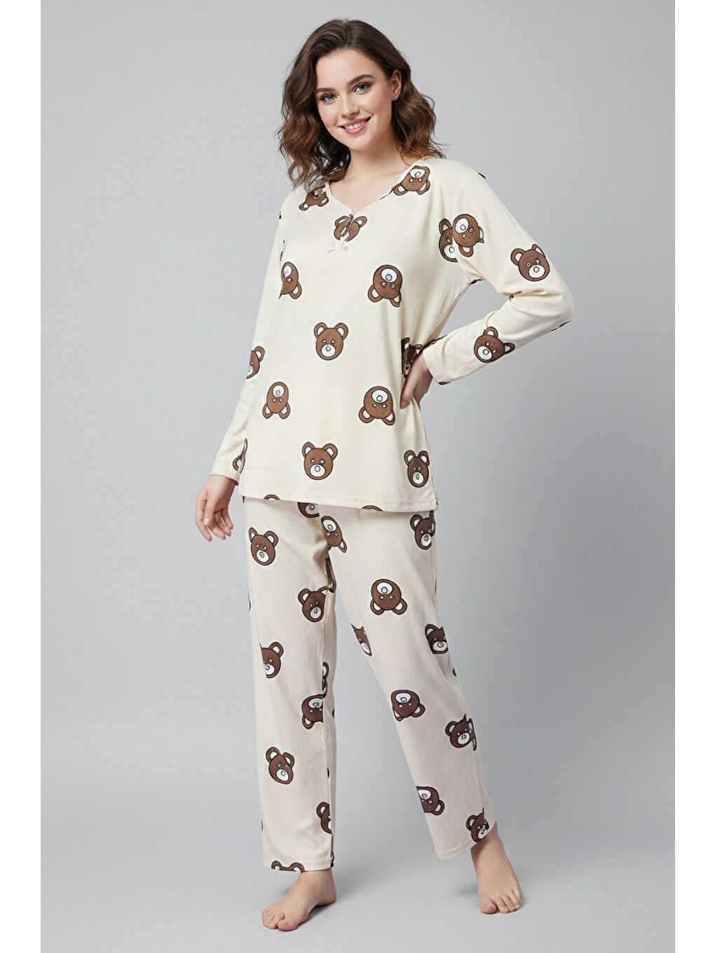 Ekru Desenli Süet Pijama Takımı Krem - 28052-KREM