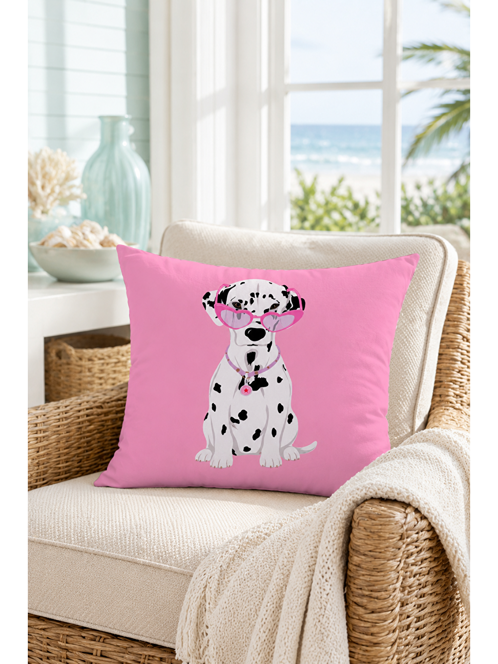 Beyaz Sevimli Pembe Dalmaçyalı Köpek Desenli Dekoratif Kırlent Kılıfı Modern Dekor 43x43 Cm-1