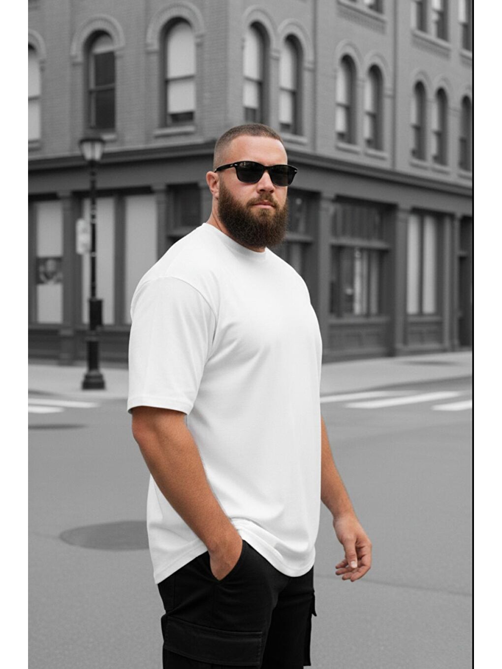 Beyaz Kapty Erkek Büyük Beden Battal Basic Bisiklet Yaka Pamuklu T-Shirt Rahat Kesim Unisex Sevgili Kombin-1