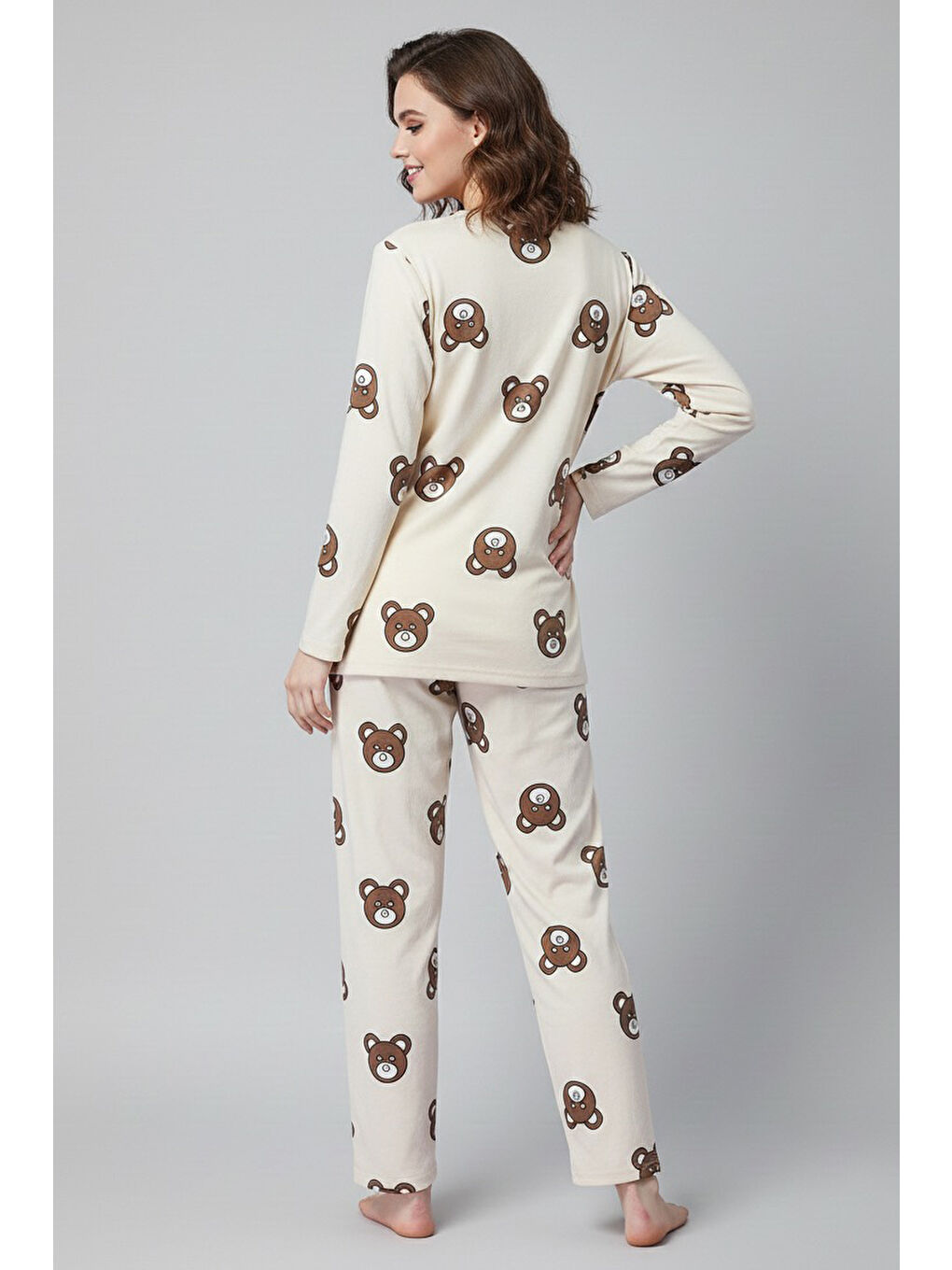 Ekru Desenli Süet Pijama Takımı Krem - 28052-KREM-1