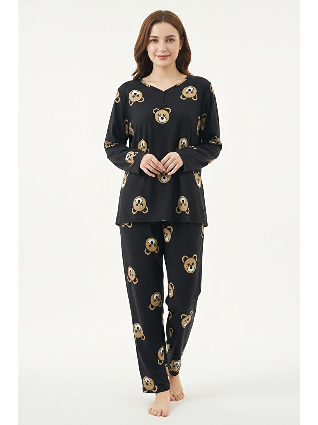 Desenli Süet Pijama Takımı Siyah - 28052-SIYAH