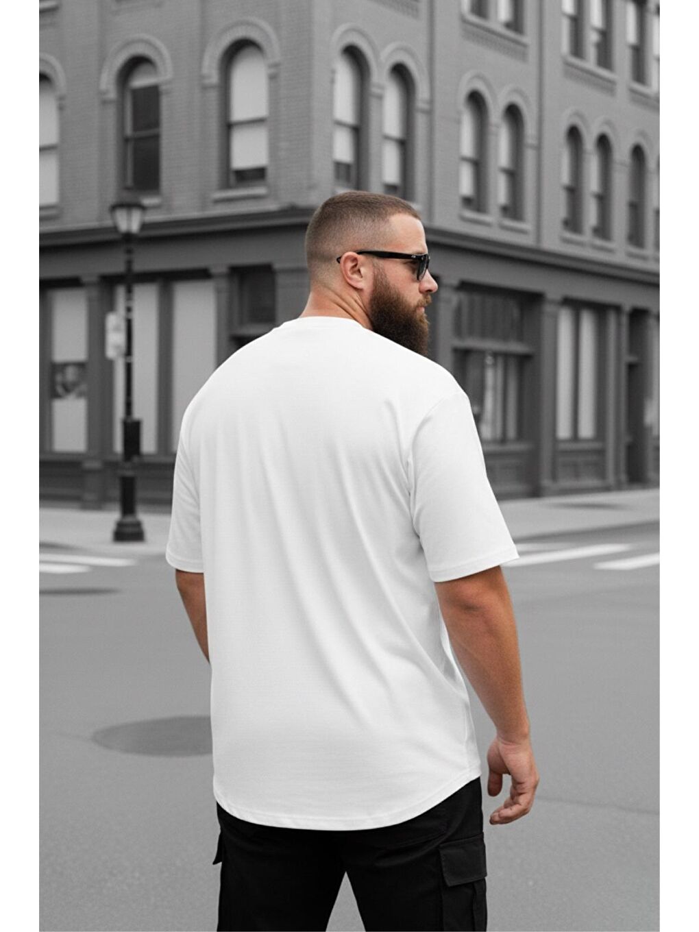 Beyaz Kapty Erkek Büyük Beden Battal Basic Bisiklet Yaka Pamuklu T-Shirt Rahat Kesim Unisex Sevgili Kombin-2