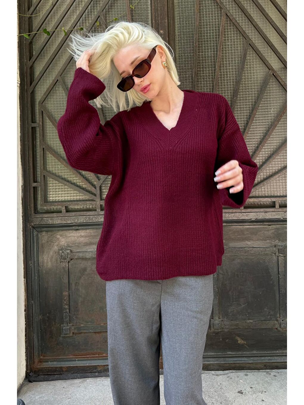 Bordo V Yaka Triko Kadın Kazak Mg2501-3