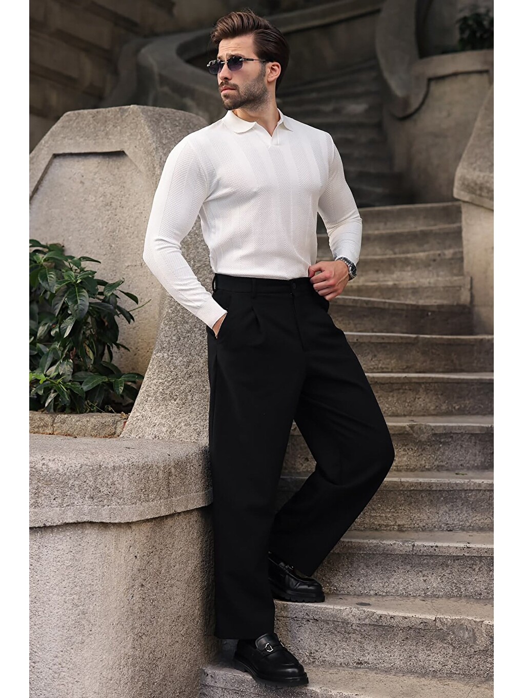 Beyaz Regular Fit Polo Yaka Triko Erkek Kazak E7509-3