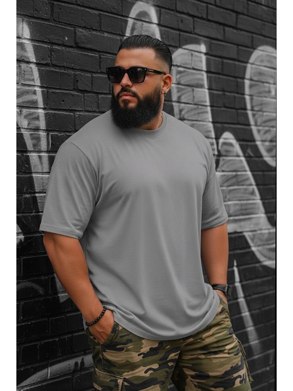 Gri Kapty Erkek Büyük Beden Battal Basic Bisiklet Yaka Pamuklu T-Shirt Rahat Kesim Unisex Sevgili Kombin