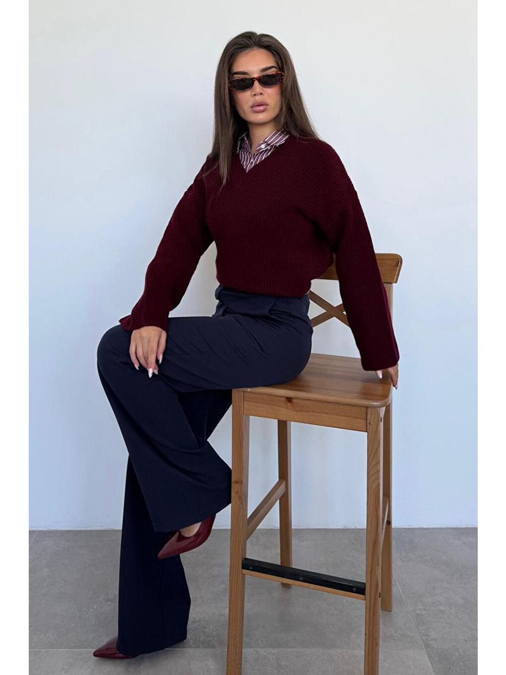 Bordo V Yaka Triko Kadın Kazak Mg2501-4