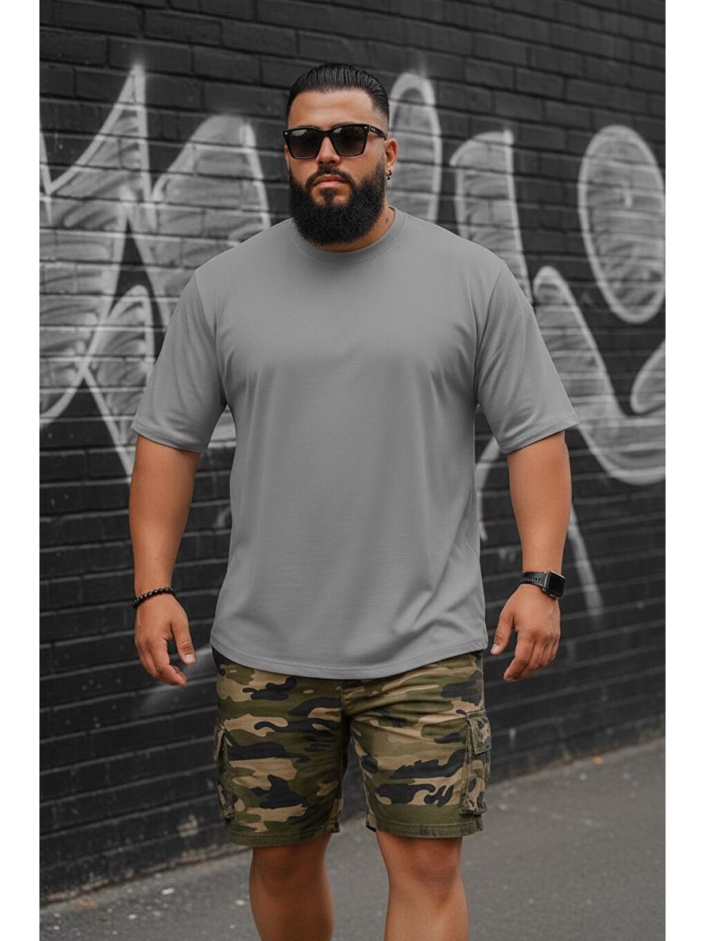 Gri Kapty Erkek Büyük Beden Battal Basic Bisiklet Yaka Pamuklu T-Shirt Rahat Kesim Unisex Sevgili Kombin-1