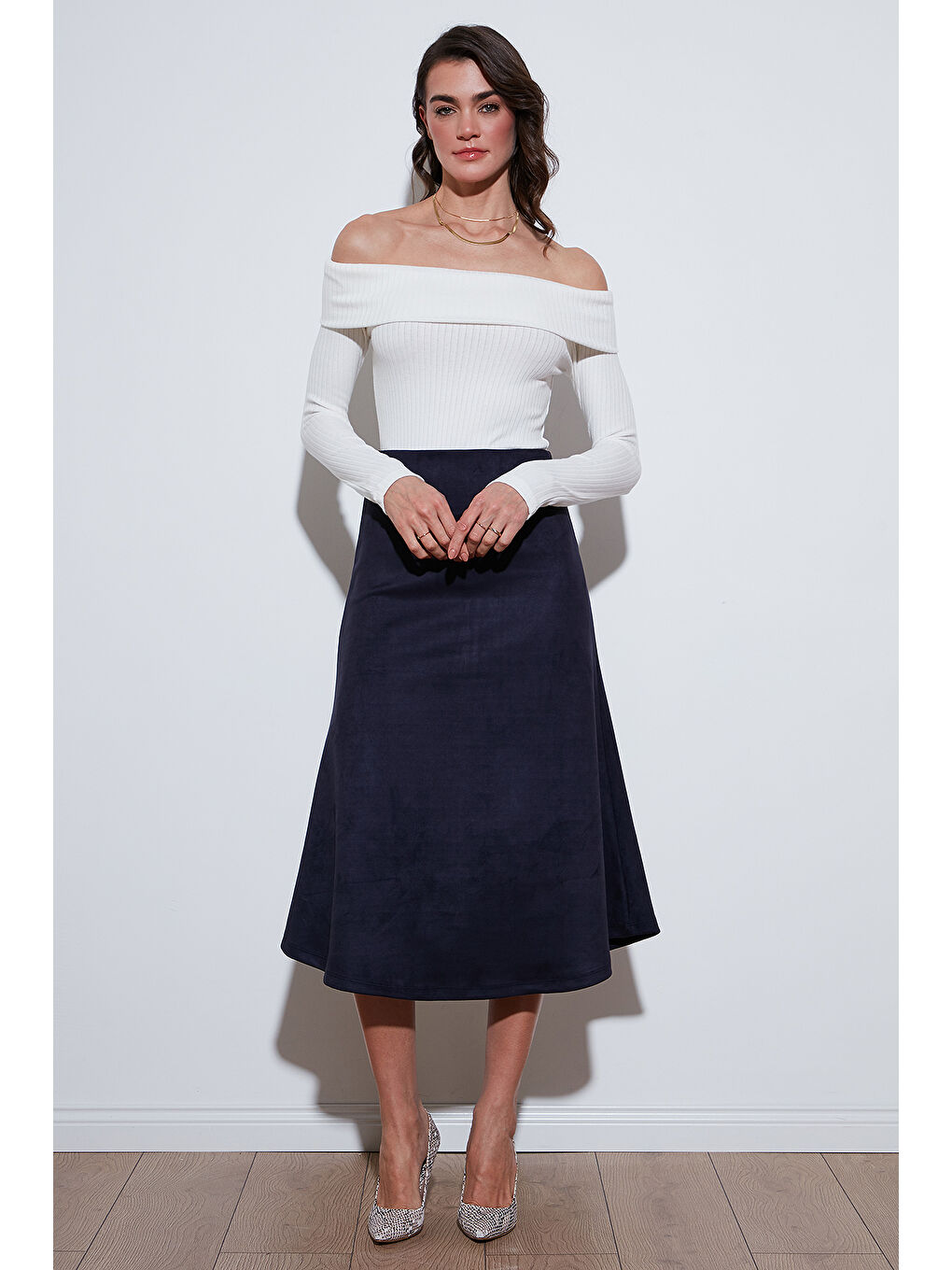 İndigo Streç Regular Fit Yüksek Bel Midi Boy Süet Çan Etek 5866180