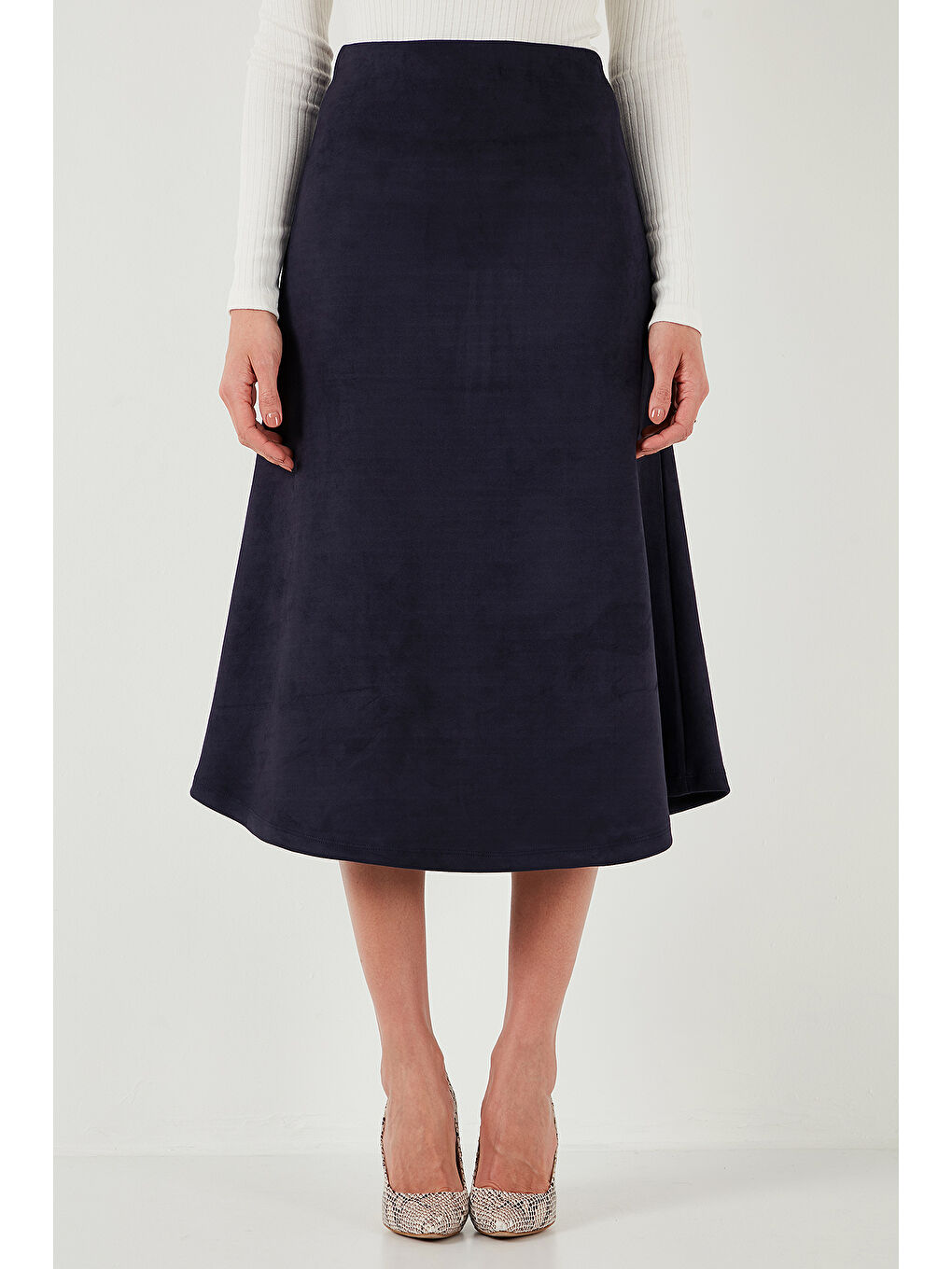 İndigo Streç Regular Fit Yüksek Bel Midi Boy Süet Çan Etek 5866180-2