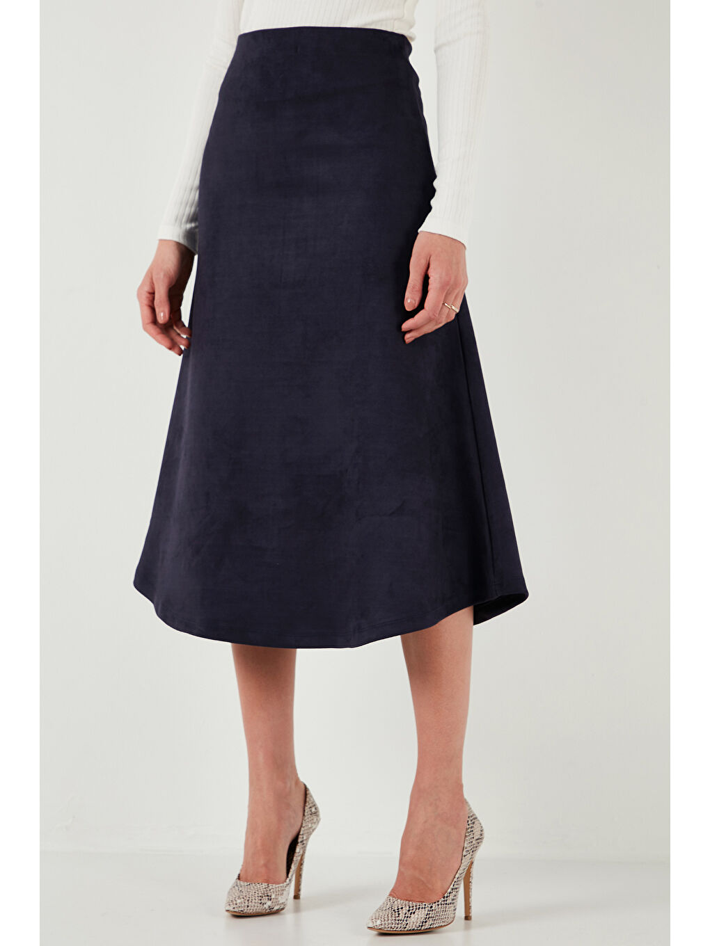 İndigo Streç Regular Fit Yüksek Bel Midi Boy Süet Çan Etek 5866180-3