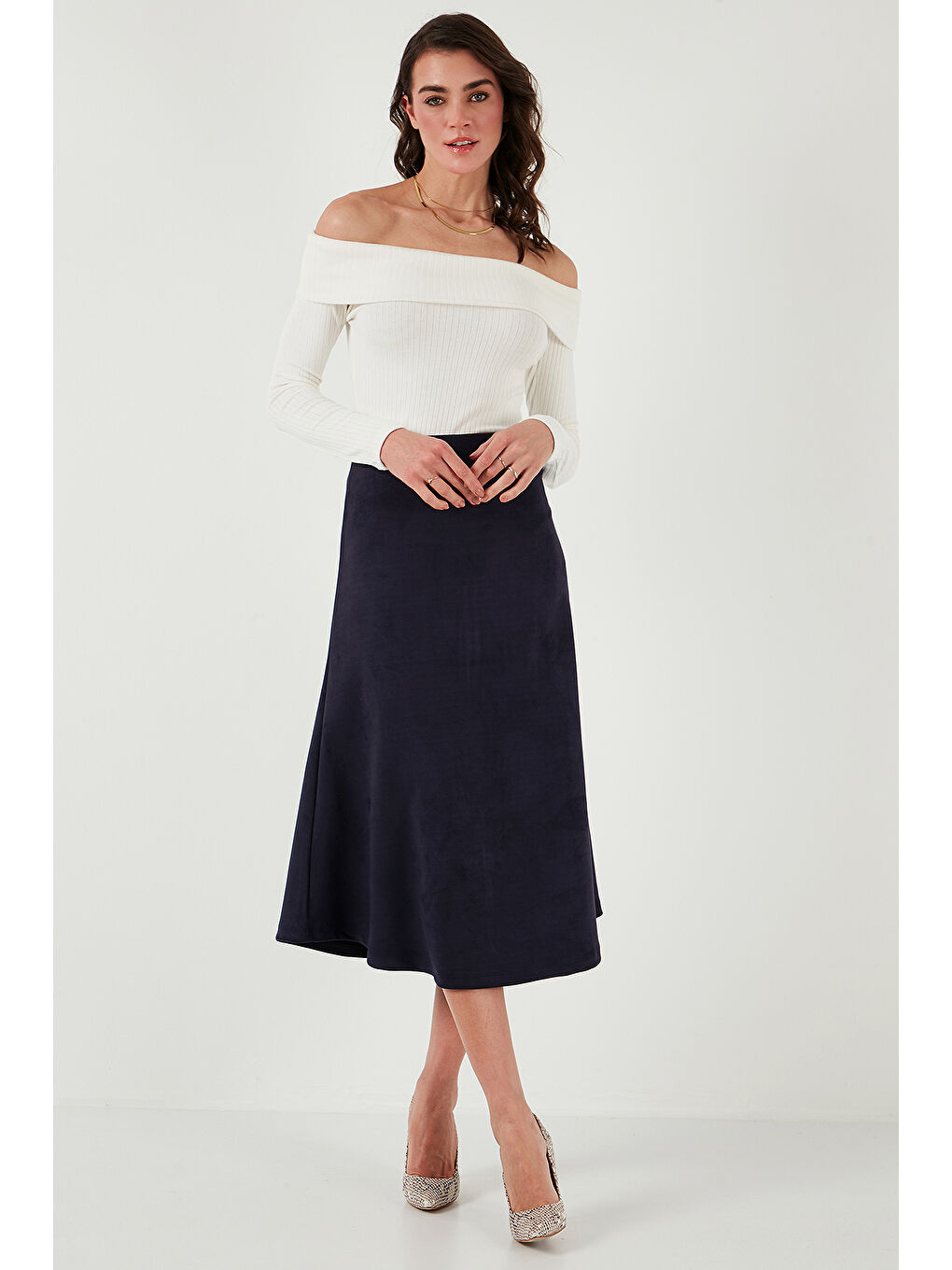 İndigo Streç Regular Fit Yüksek Bel Midi Boy Süet Çan Etek 5866180-4