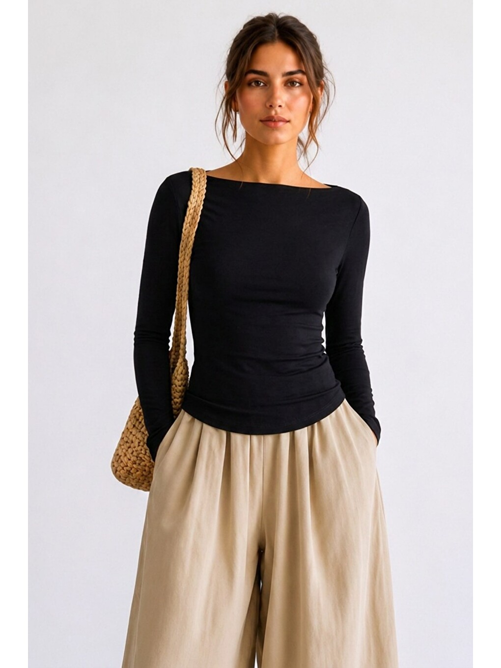 Kadın Crop Bodycone Uzun Kollu Siyah Bluz