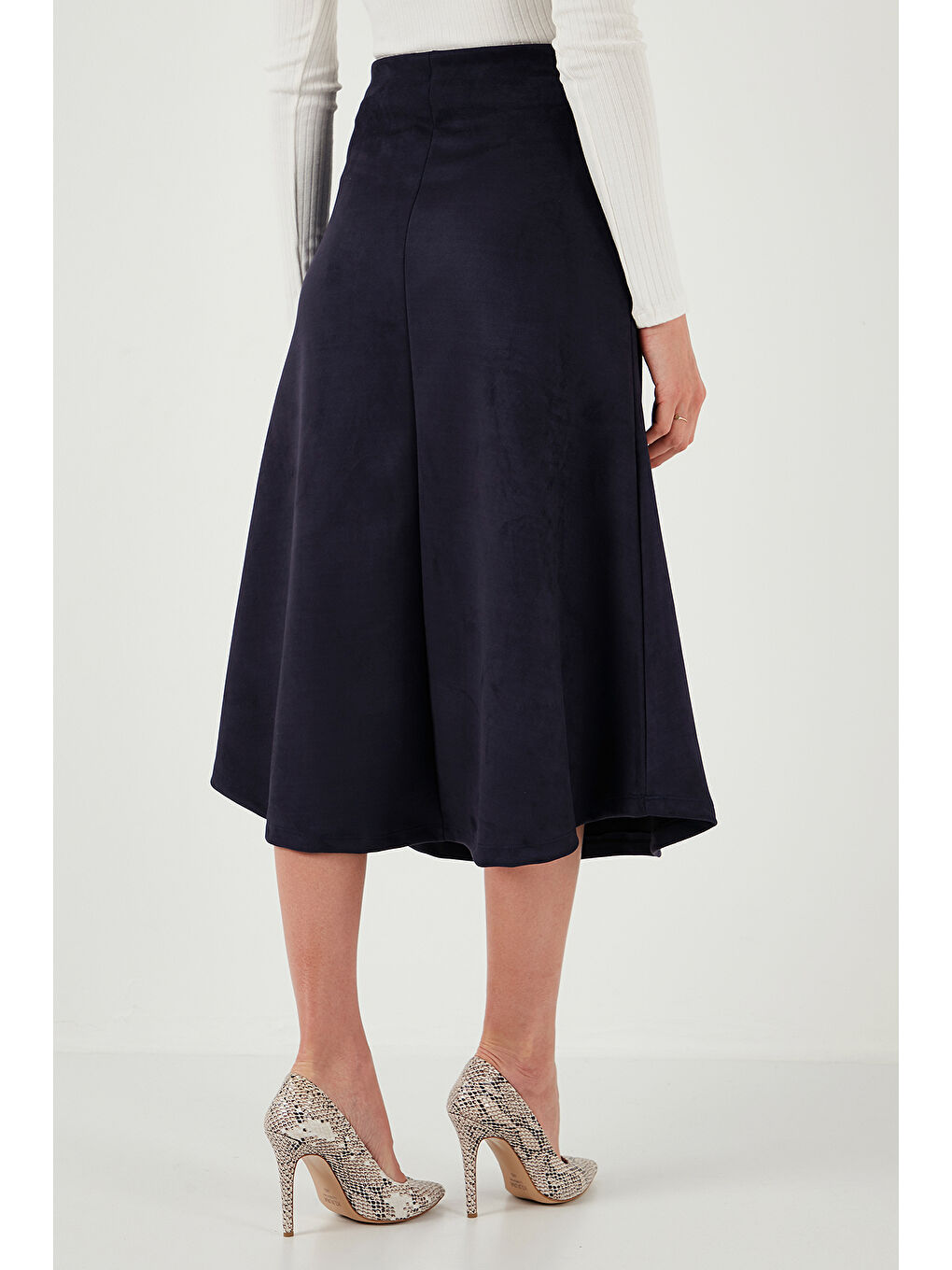 İndigo Streç Regular Fit Yüksek Bel Midi Boy Süet Çan Etek 5866180-6