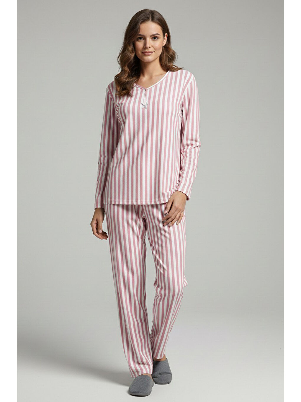 Çizgili Süet Pijama Takımı Pembe - 28057-PEMBE