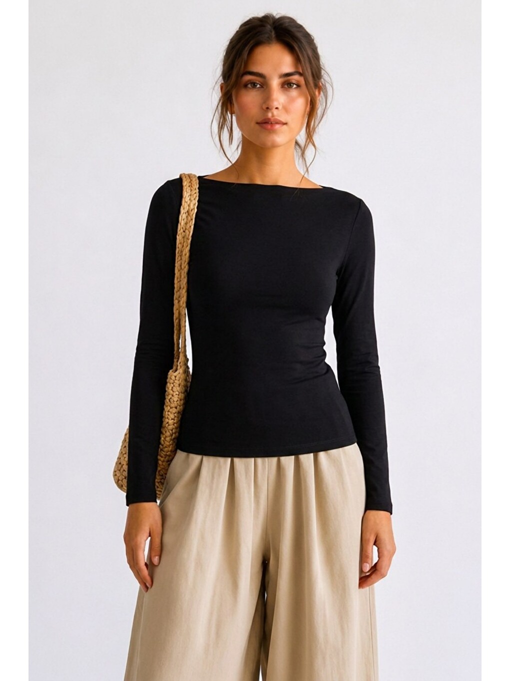 Kadın Crop Bodycone Uzun Kollu Siyah Bluz-1