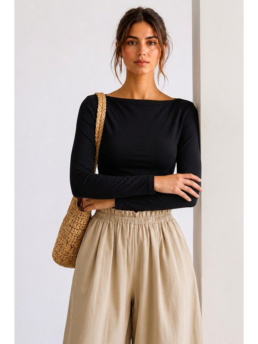 Kadın Crop Bodycone Uzun Kollu Siyah Bluz-2
