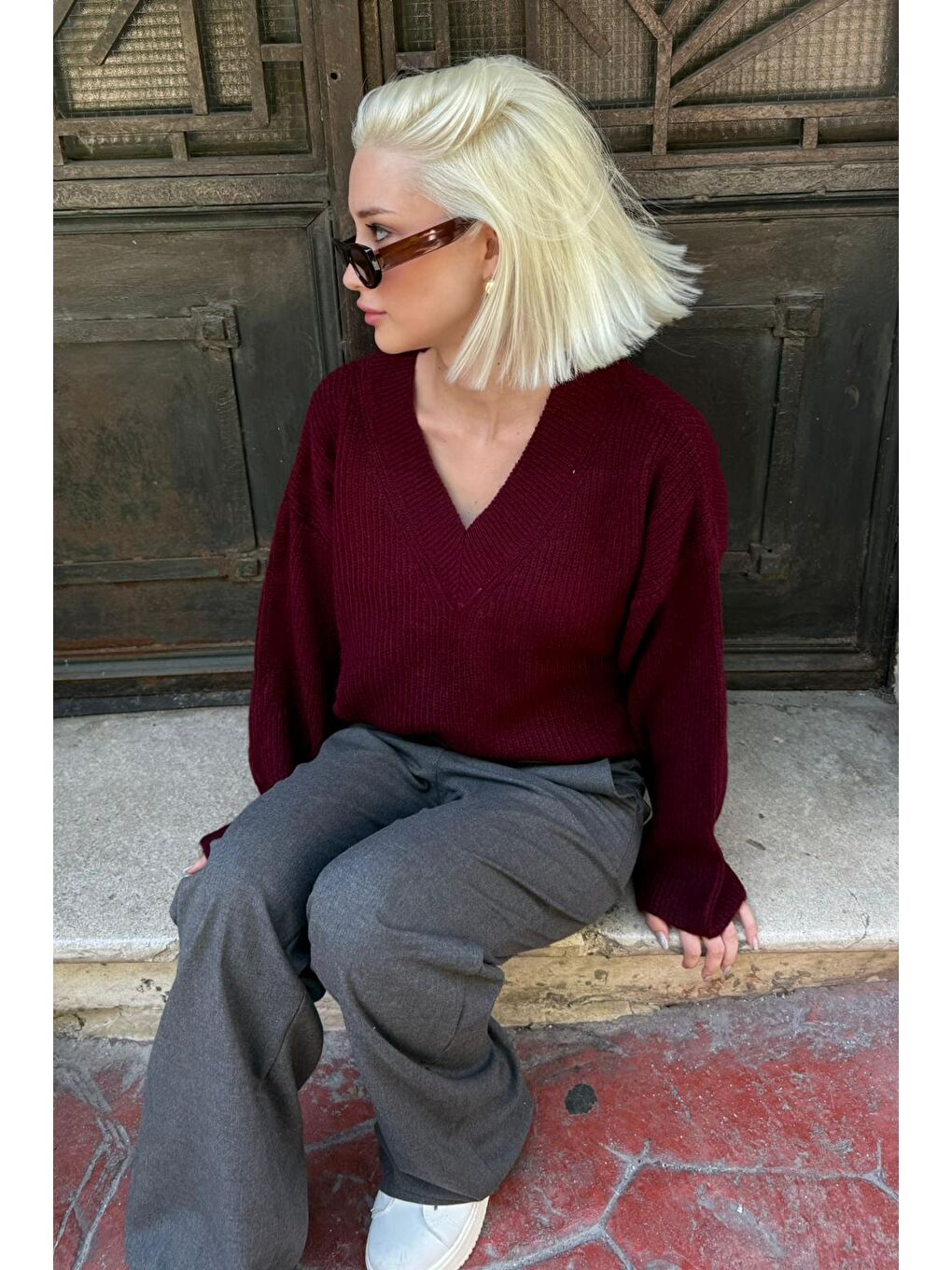 Bordo V Yaka Triko Kadın Kazak Mg2501-6