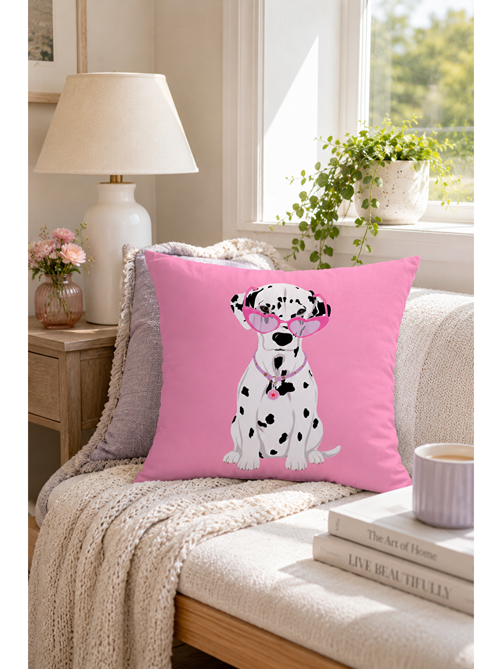 Beyaz Sevimli Pembe Dalmaçyalı Köpek Desenli Dekoratif Kırlent Kılıfı Modern Dekor 43x43 Cm-2