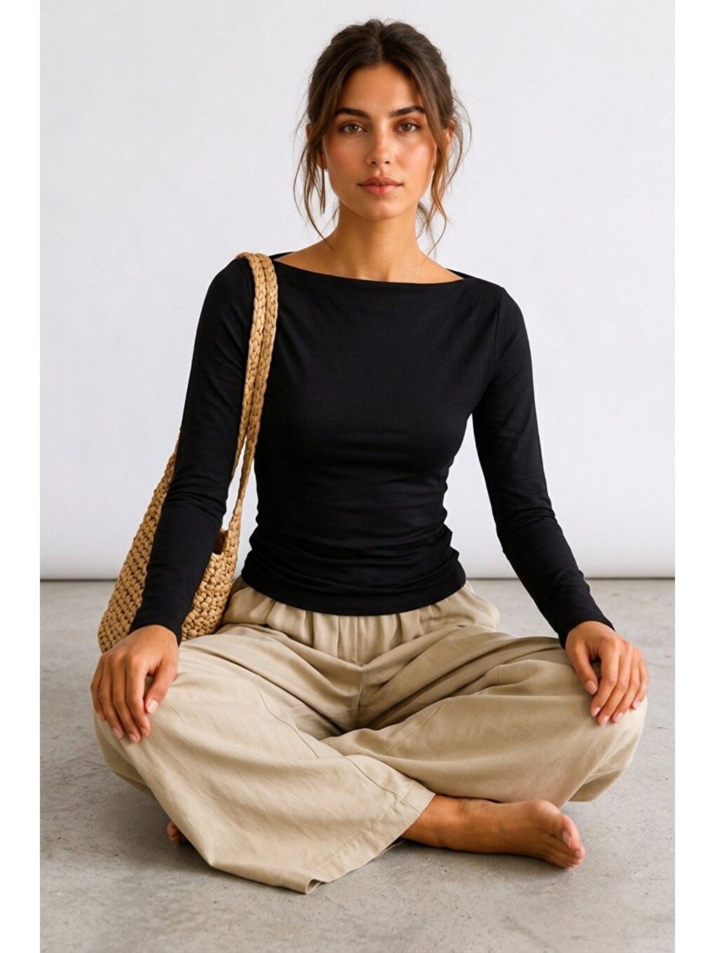 Kadın Crop Bodycone Uzun Kollu Siyah Bluz-3