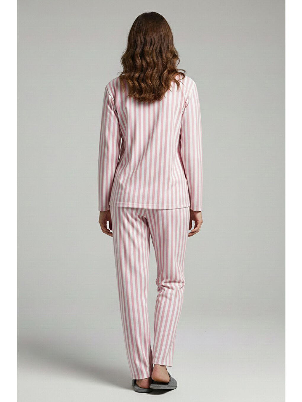 Çizgili Süet Pijama Takımı Pembe - 28057-PEMBE-1