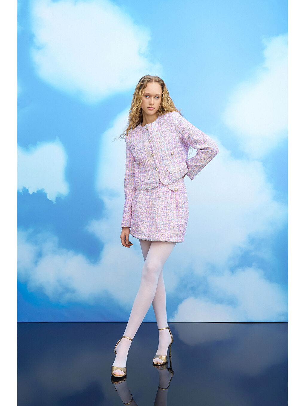 İnci Düğme Aksesuarlı Renkli Tüvit Ceket Lila