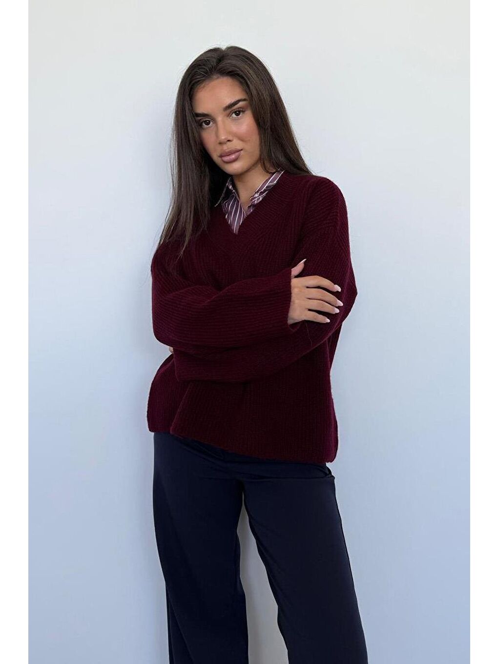 Bordo V Yaka Triko Kadın Kazak Mg2501-7