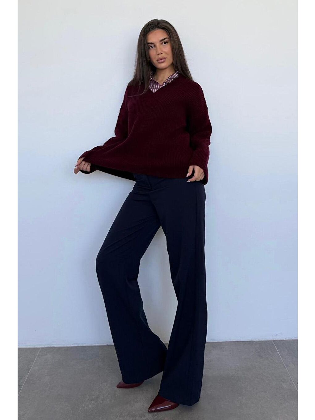 Bordo V Yaka Triko Kadın Kazak Mg2501-8