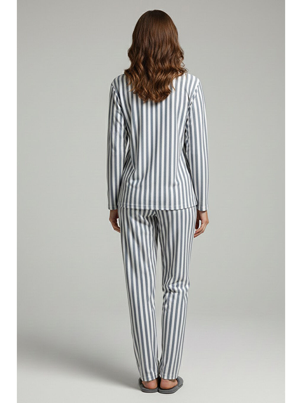 Çizgili Süet Pijama Takımı Gri - 28057-GRI-1