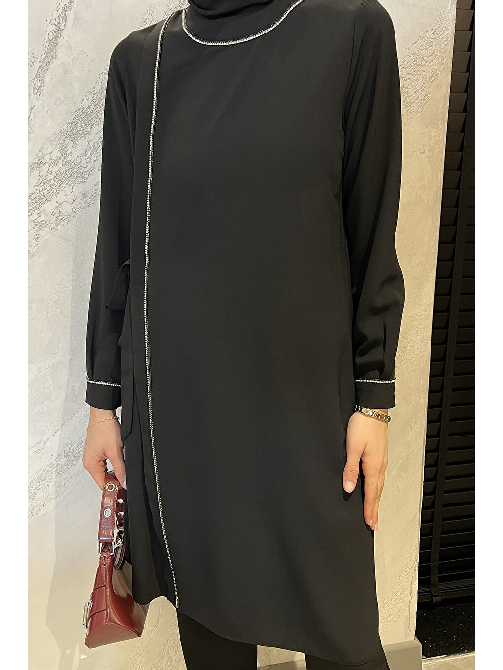 Siyah Kadın Taş İşlemeli Tesettür Tunik Pantolon İkili Takım-4