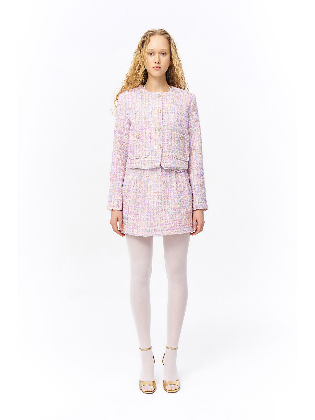 İnci Düğme Aksesuarlı Renkli Tüvit Ceket Lila-4