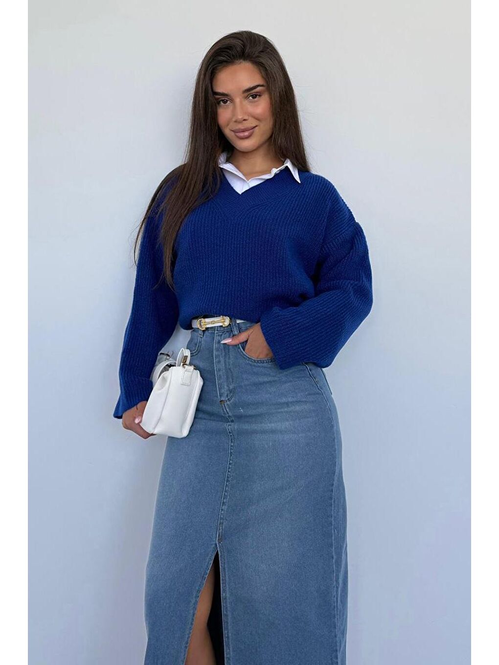 Mavi Saks V Yaka Triko Kadın Kazak Mg2501