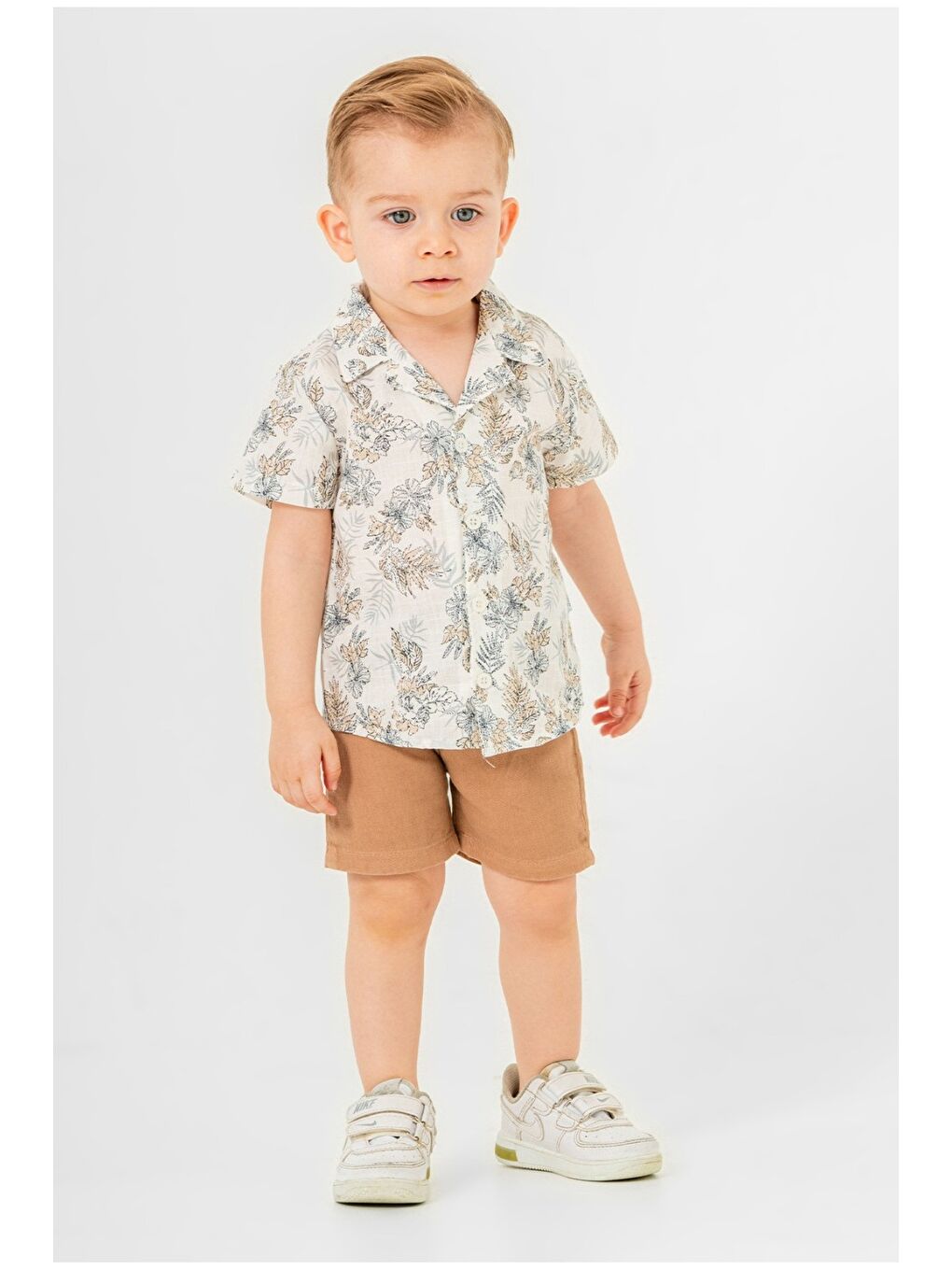 Bej Yazlık Erkek Bebek Desenli Gömlek Şort Kombini-2