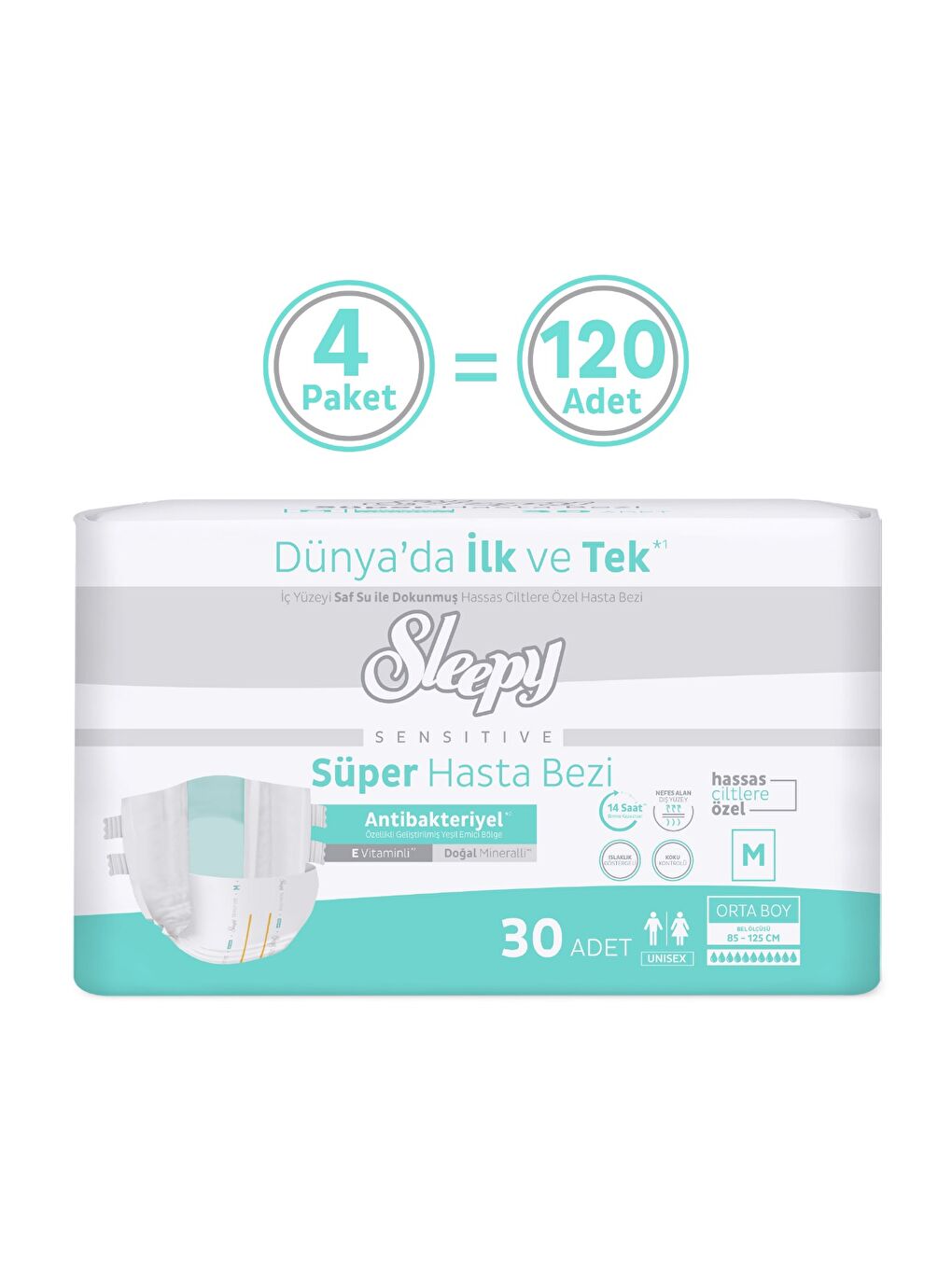 Sensitive Antibakteriyel Süper Yetişkin Hasta Bezi Medium 30x4 120 Adet-1