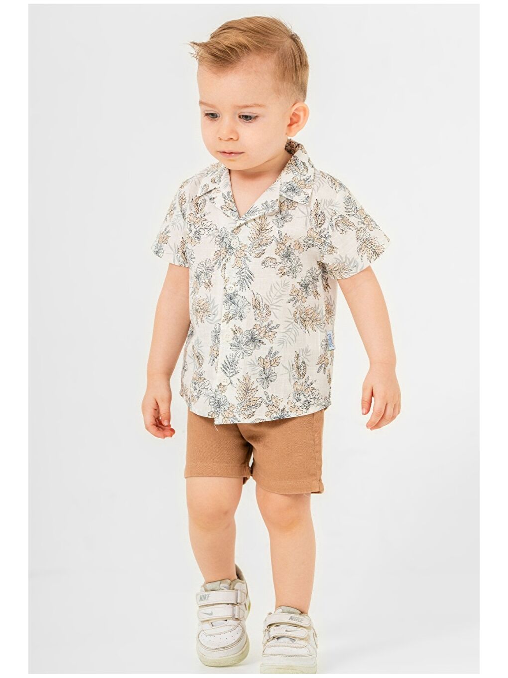 Bej Yazlık Erkek Bebek Desenli Gömlek Şort Kombini-3