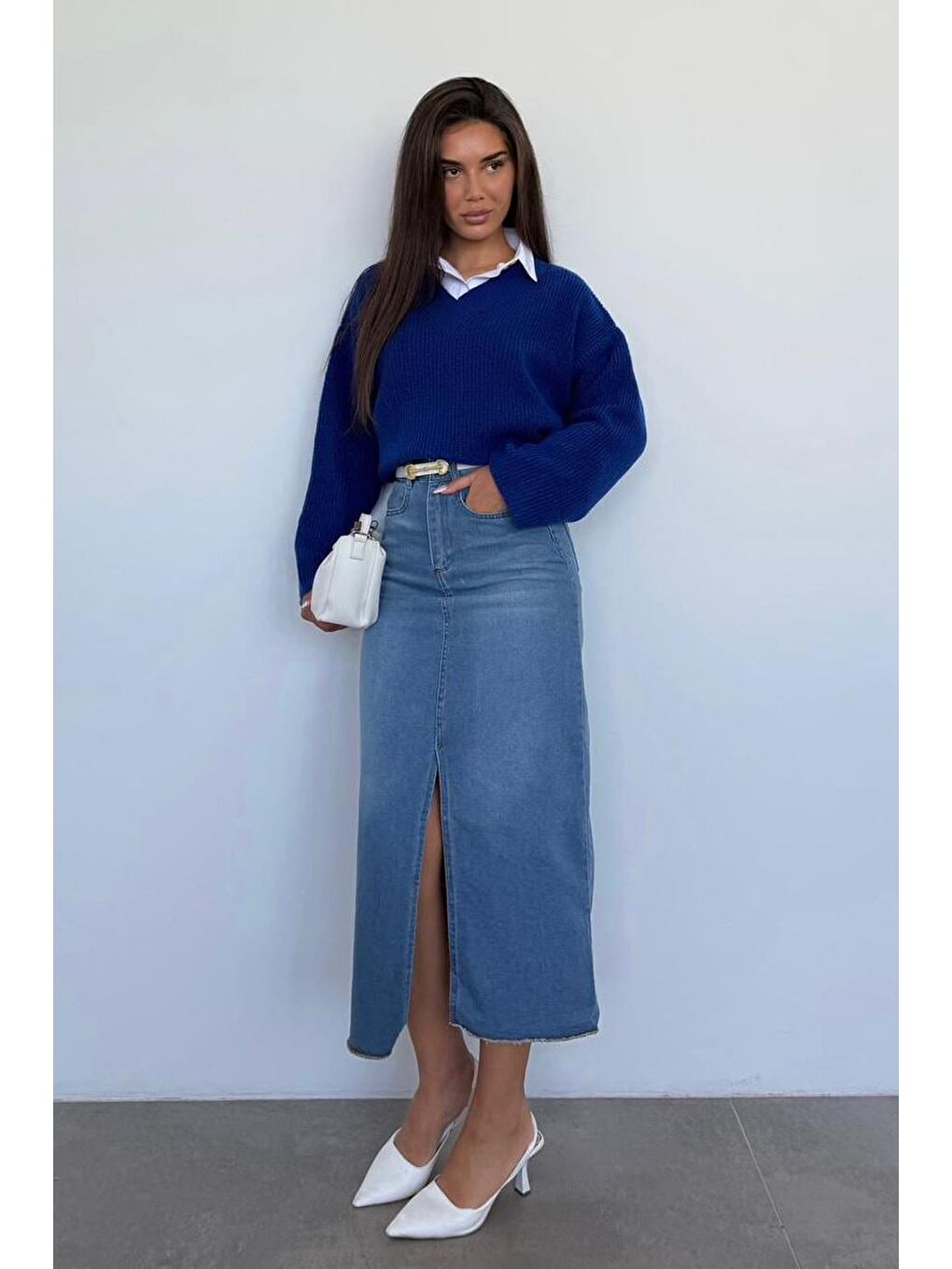 Mavi Saks V Yaka Triko Kadın Kazak Mg2501-3