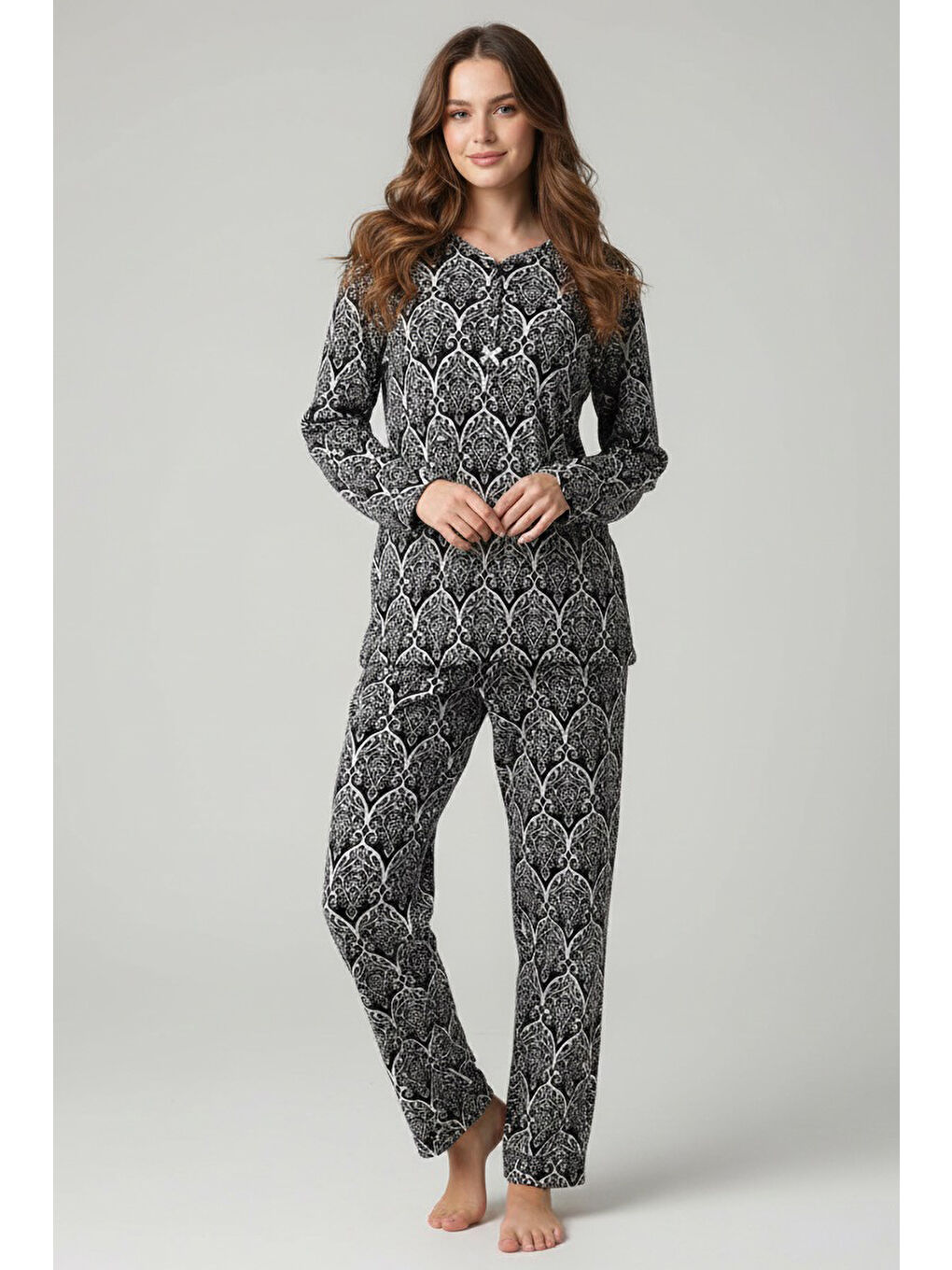 Desenli Süet Pijama Takımı Siyah - 28051-SIYAH