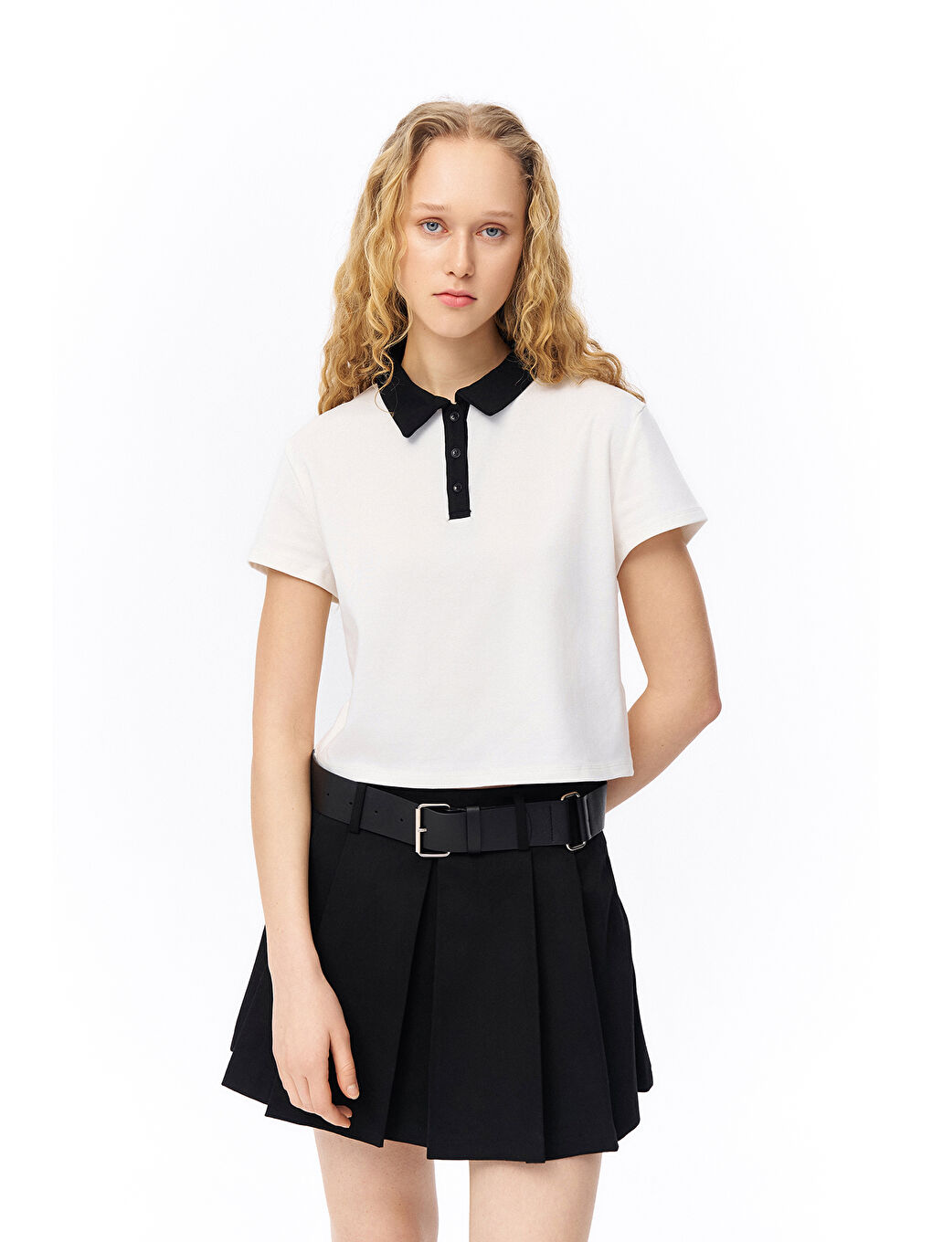 Renk Bloklu Polo Yaka Tişört Ekru-2