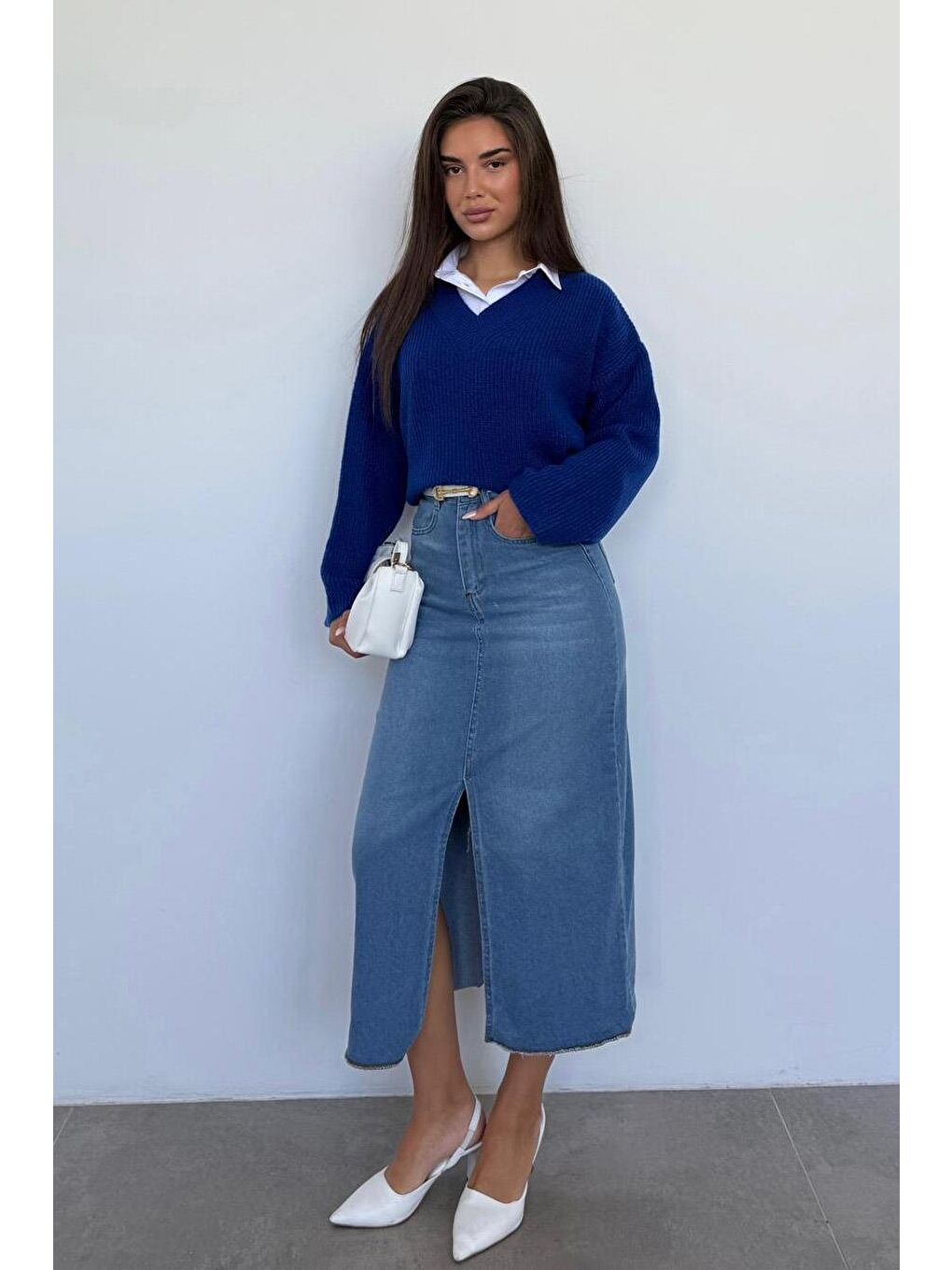 Mavi Saks V Yaka Triko Kadın Kazak Mg2501-4