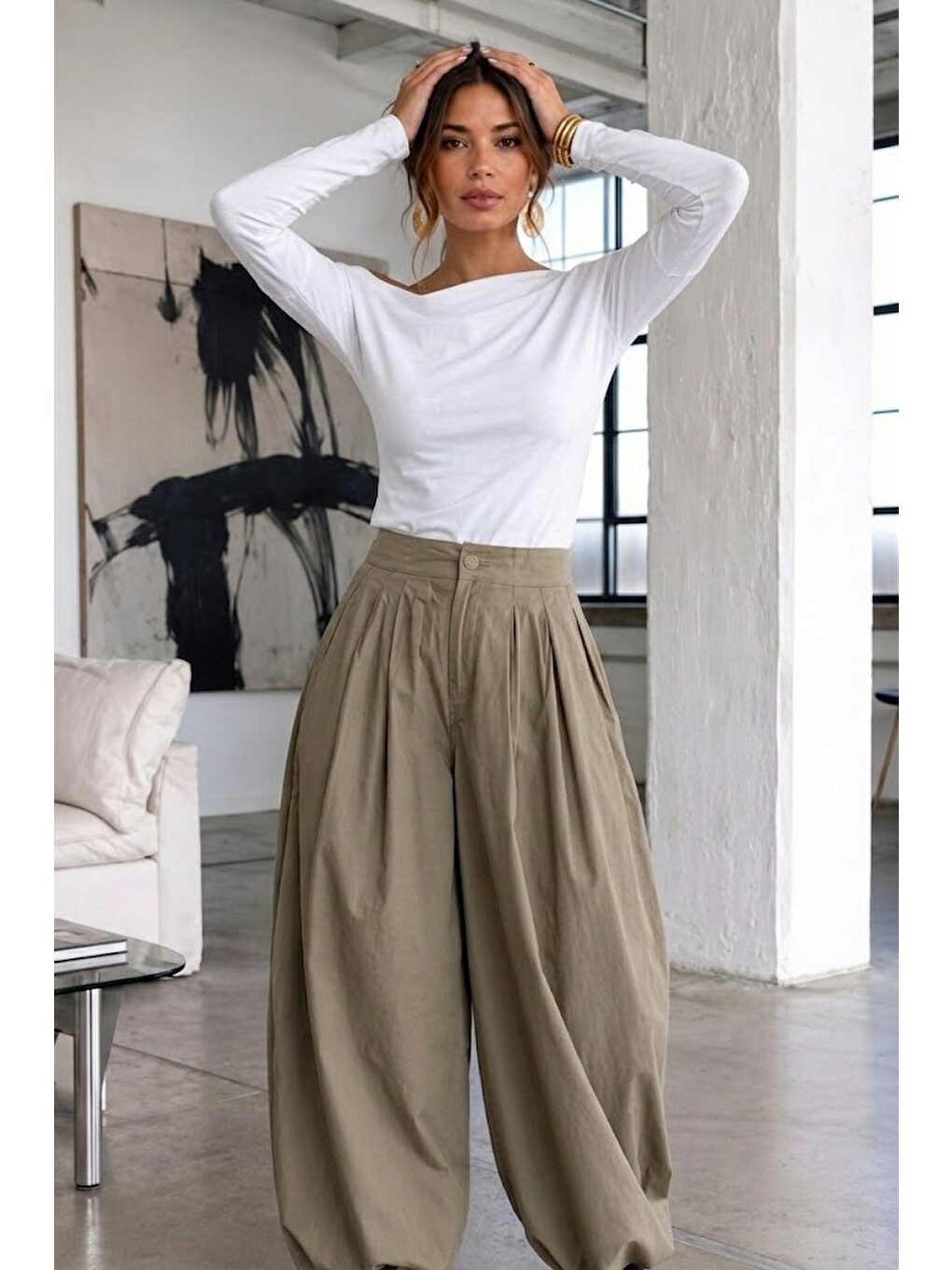 Kadın Gabardin Pamuklu Casual Beyaz Bluz-3