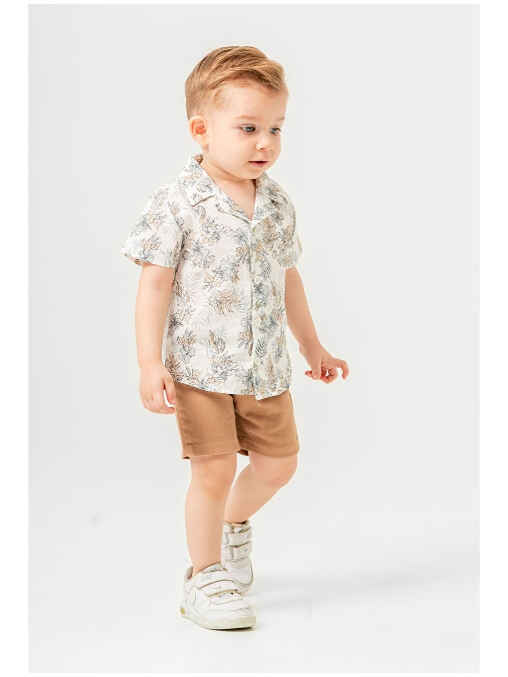 Bej Yazlık Erkek Bebek Desenli Gömlek Şort Kombini-4