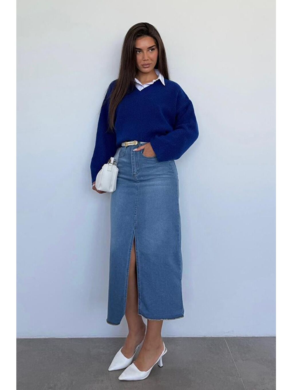 Mavi Saks V Yaka Triko Kadın Kazak Mg2501-5