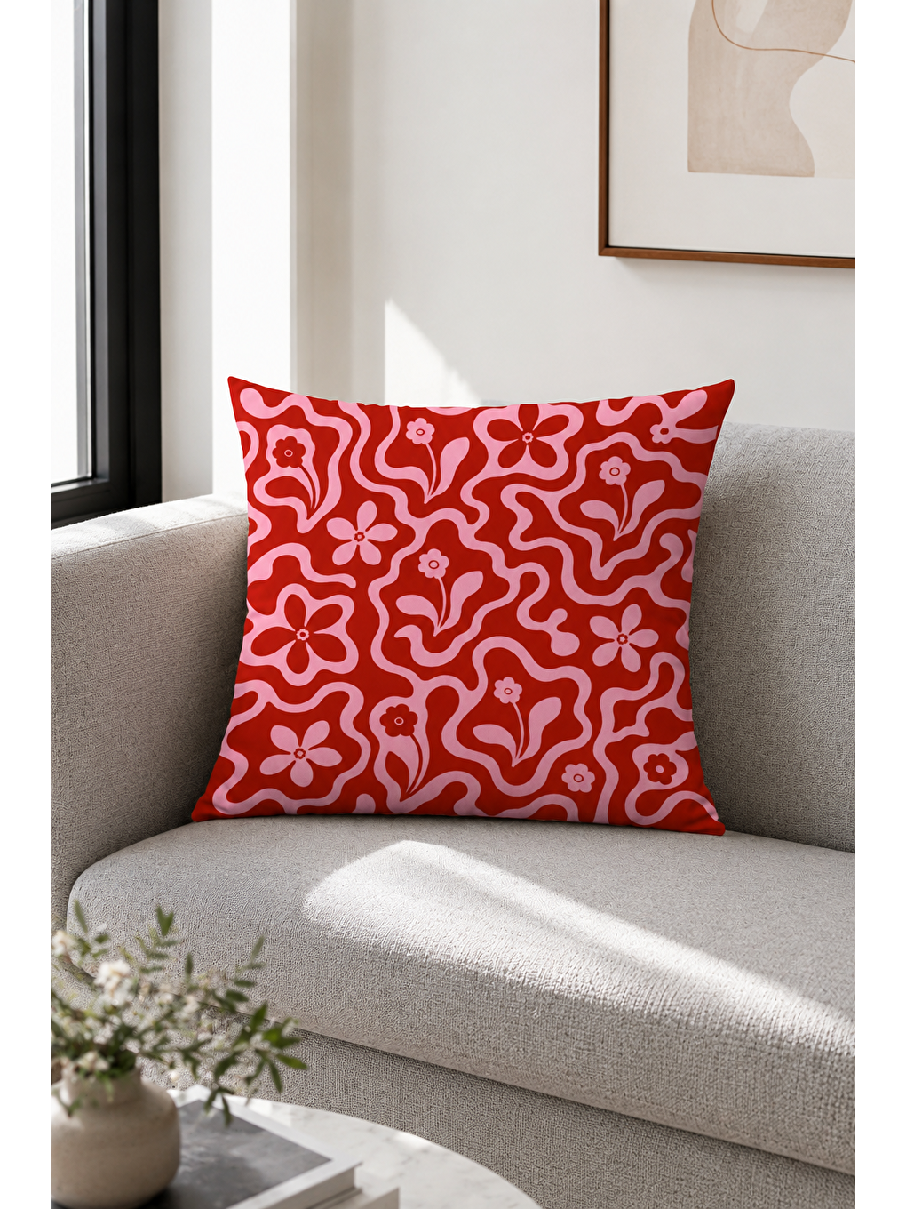 Kırmızı Pembe Retro Çiçek Desenli Dekoratif Kırlent Kılıfı Bohem Salon Dekor 43x43 Cm-4