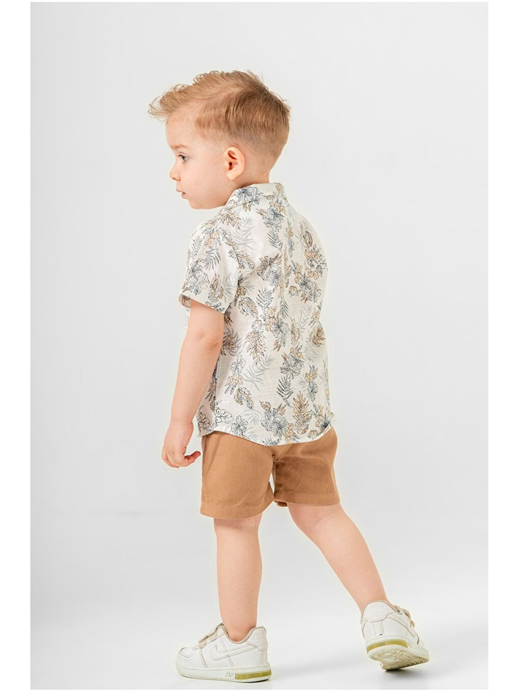 Bej Yazlık Erkek Bebek Desenli Gömlek Şort Kombini-5