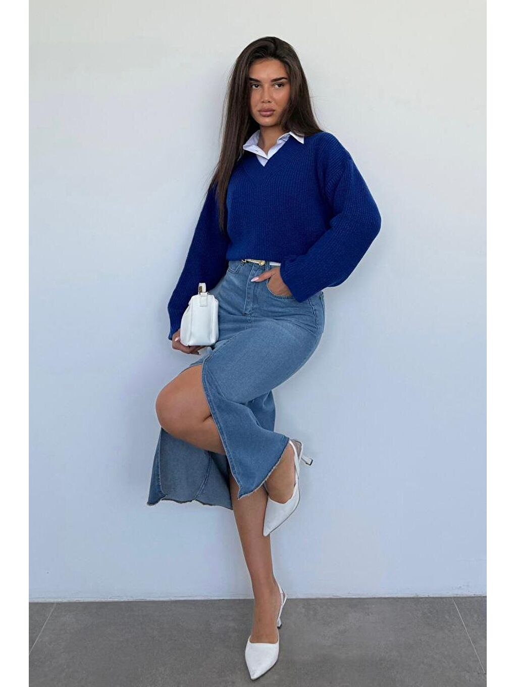 Mavi Saks V Yaka Triko Kadın Kazak Mg2501-6